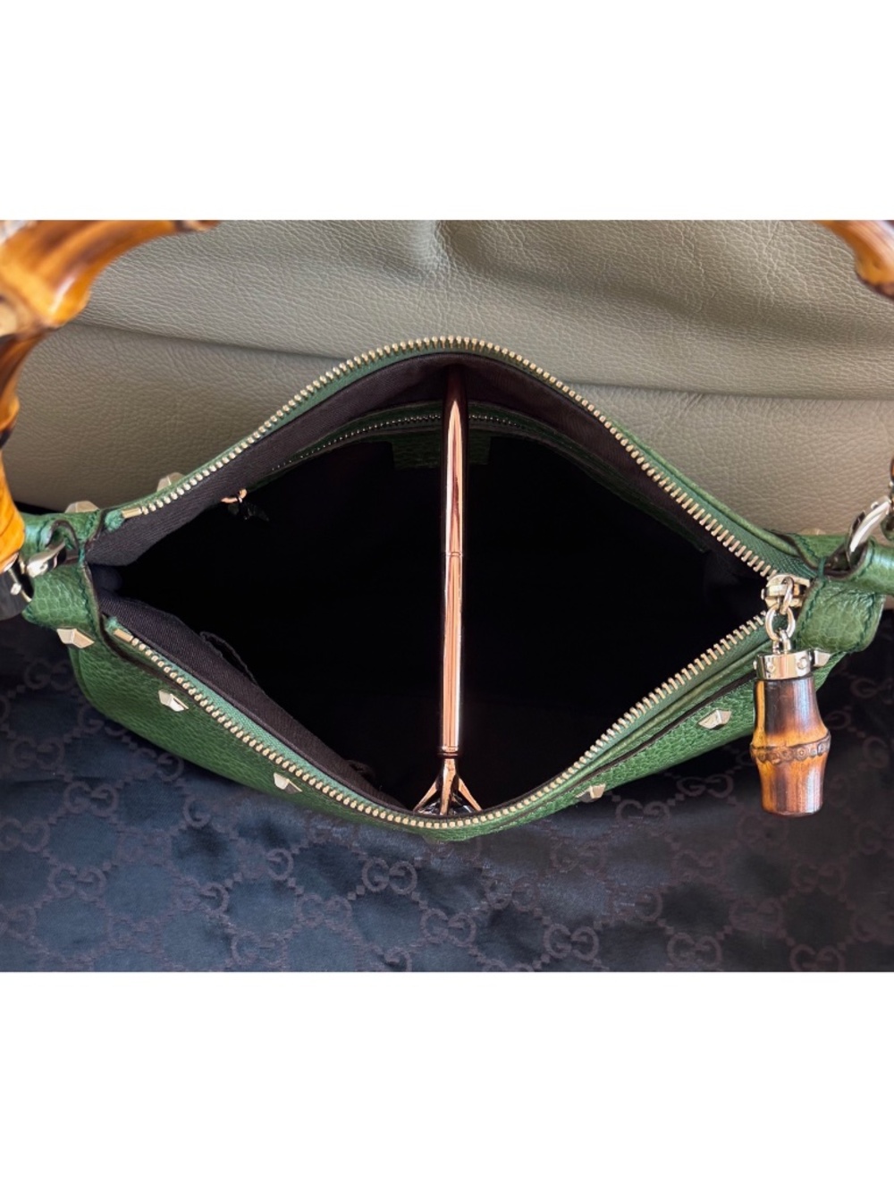 Authentic Gucci Anita Green Leather Bamboo Top Handle Bag - Picture 6 of 11